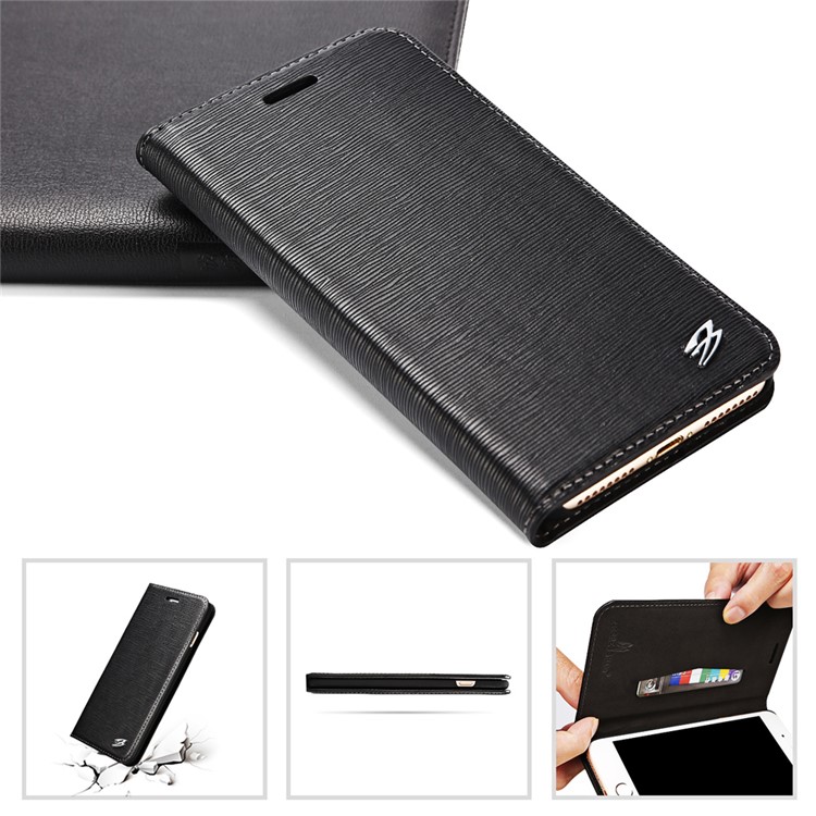 FIERRE SHANN Toothpick Grain Genuine Leather Case for iPhone 7 Plus 5.5 Inch - Black-4