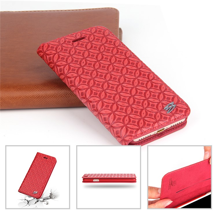 FIERRE SHANN Chinese Coin Texture Genuine Leather Card Slot Stand Case for iPhone 7 4.7 inch - Red-3