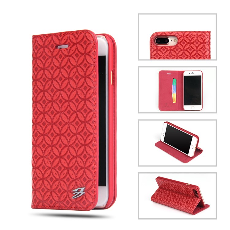 FIERRE SHANN Chinese Coin Texture Genuine Leather Card Holder Stand Case for iPhone 7 Plus 5.5 - Red-1