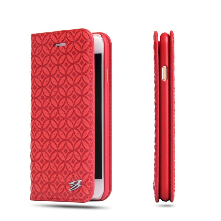 FIERRE SHANN Chinese Coin Texture Genuine Leather Card Holder Stand Case for iPhone 7 Plus 5.5 - Red-2
