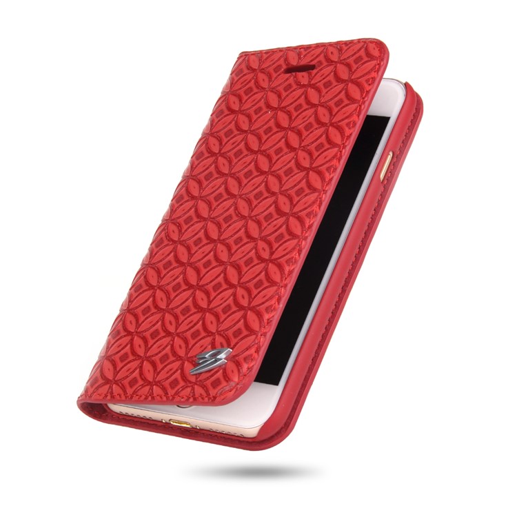 FIERRE SHANN Chinese Coin Texture Genuine Leather Card Holder Stand Case for iPhone 7 Plus 5.5 - Red-4