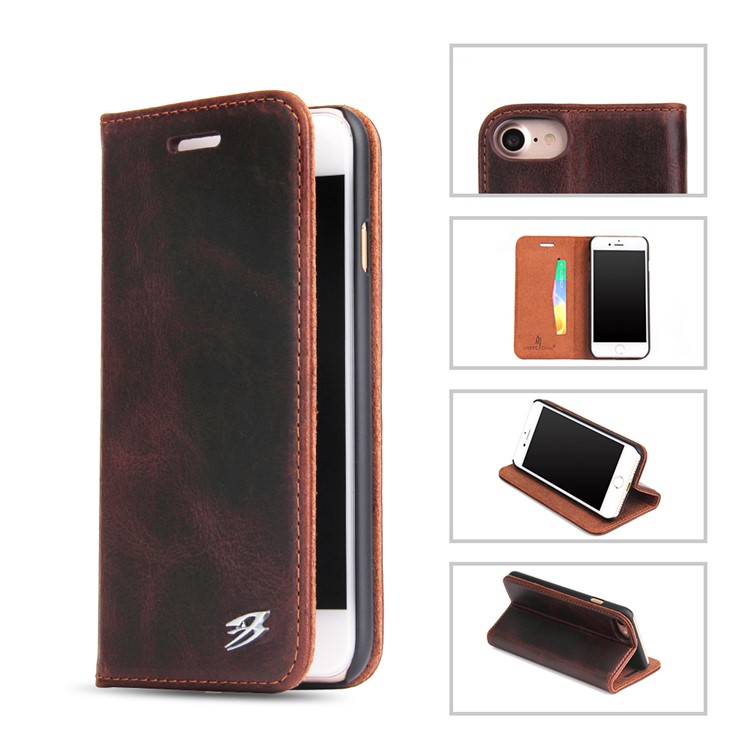 FIERRE SHANN Vintage Genuine Leather Card Slot Case for iPhone 7 4.7 Inch - Coffee-1