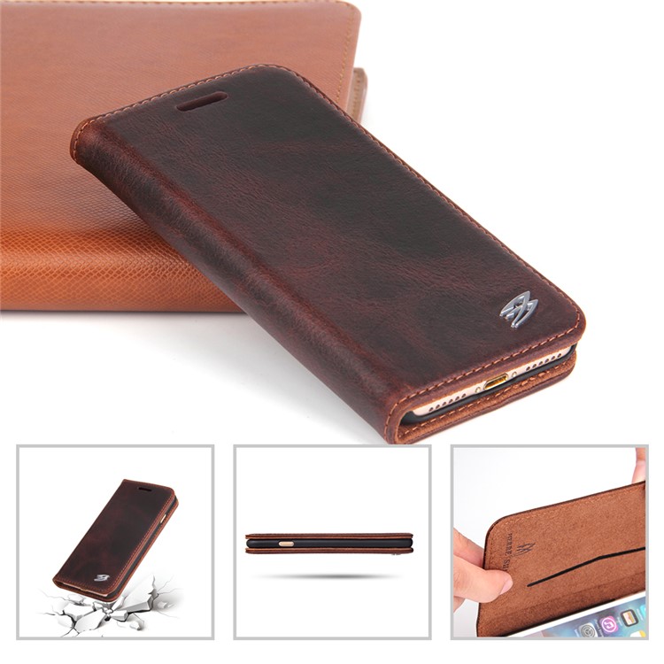 FIERRE SHANN Vintage Genuine Leather Card Slot Case for iPhone 7 4.7 Inch - Coffee-3