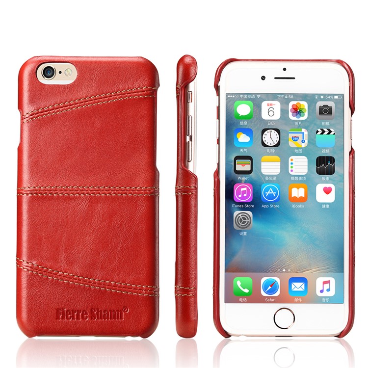 FIERRE SHANN for iPhone 6s 6 Top-layer Cowhide Leather Coated PC Phone Case - Red-1