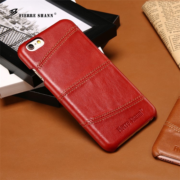 FIERRE SHANN for iPhone 6s 6 Top-layer Cowhide Leather Coated PC Phone Case - Red-3