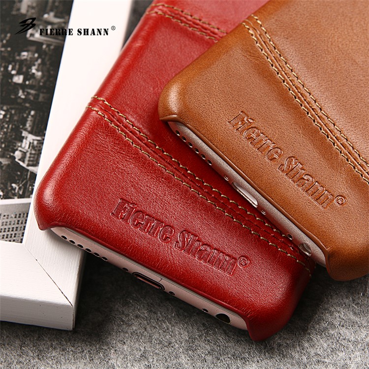 FIERRE SHANN for iPhone 6s 6 Top-layer Cowhide Leather Coated PC Phone Case - Red-4