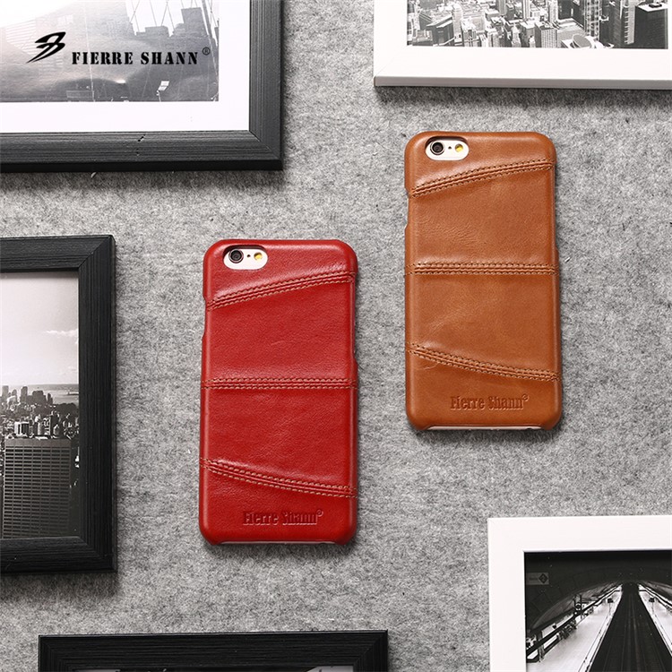 FIERRE SHANN for iPhone 6s 6 Top-layer Cowhide Leather Coated PC Phone Case - Red-6