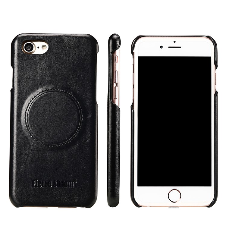 FIERRE SHANN Phone Case for iPhone 7 4.7 Top-layer Cowhide Leather Coated PC Mobile Cover - Black-1