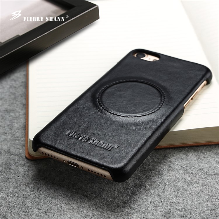 FIERRE SHANN Phone Case for iPhone 7 4.7 Top-layer Cowhide Leather Coated PC Mobile Cover - Black-2