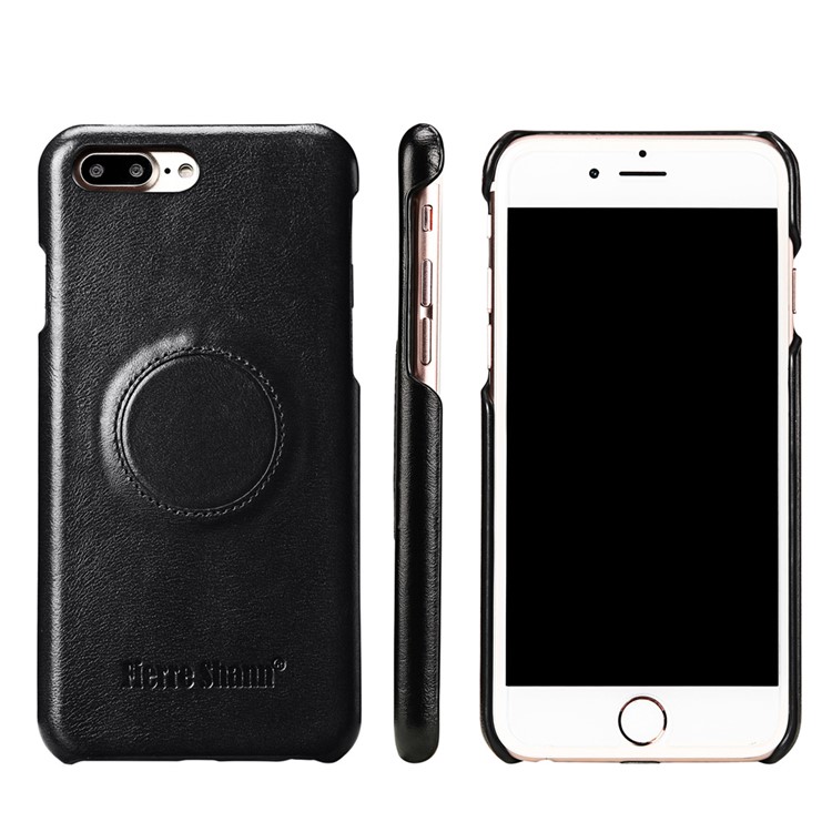 FIERRE SHANN for iPhone 7 Plus Top-layer Cowhide Leather Coated PC Hard Cell Phone Case - Black-1