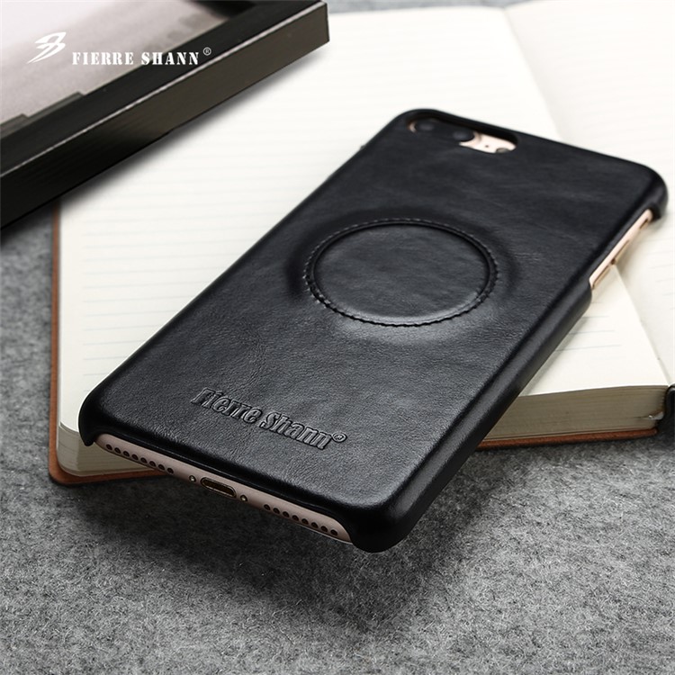 FIERRE SHANN for iPhone 7 Plus Top-layer Cowhide Leather Coated PC Hard Cell Phone Case - Black-2