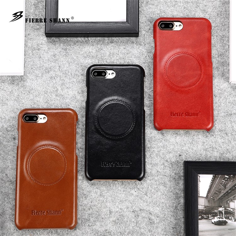 FIERRE SHANN for iPhone 7 Plus Top-layer Cowhide Leather Coated PC Hard Cell Phone Case - Black-3