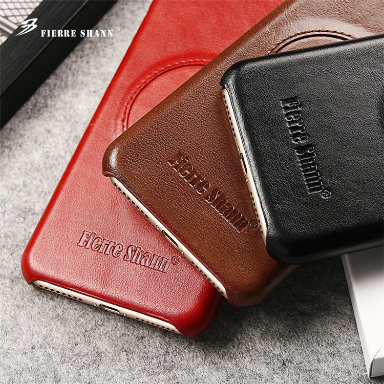 FIERRE SHANN for iPhone 7 Plus Top-layer Cowhide Leather Coated PC Hard Cell Phone Case - Black-4