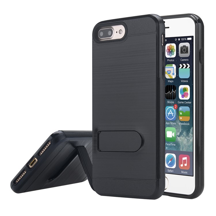 Brushed Plastic + TPU Kickstand Card Holder Case for iPhone 7 Plus 5.5 Inch - Black-1
