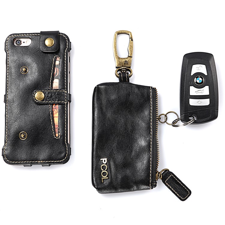 PCOL Oil Wax Leather Card Holder Phone Cover for iPhone 6s 6 Multi-function Key Case - Black-4