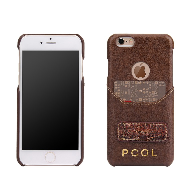 PCOL for iPhone 6s 6 Crack Texture Top-layer Cowhide Leather Skin PC Hard Phone Case with Kickstand-1