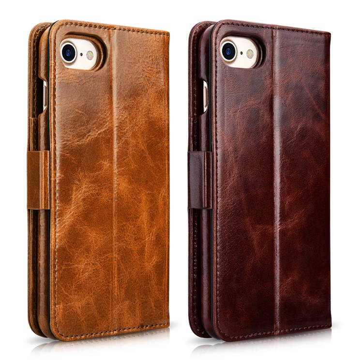 ICARER for iPhone 7 2-in-1 Oil Wax Genuine Leather Wallet Phone Case with Stand - Coffee-3