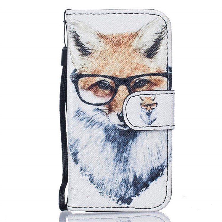 Pattern Printing Leather Wallet Stand Case with Wrist Strap for iPhone 5C - Fox Wearing Glasses-1