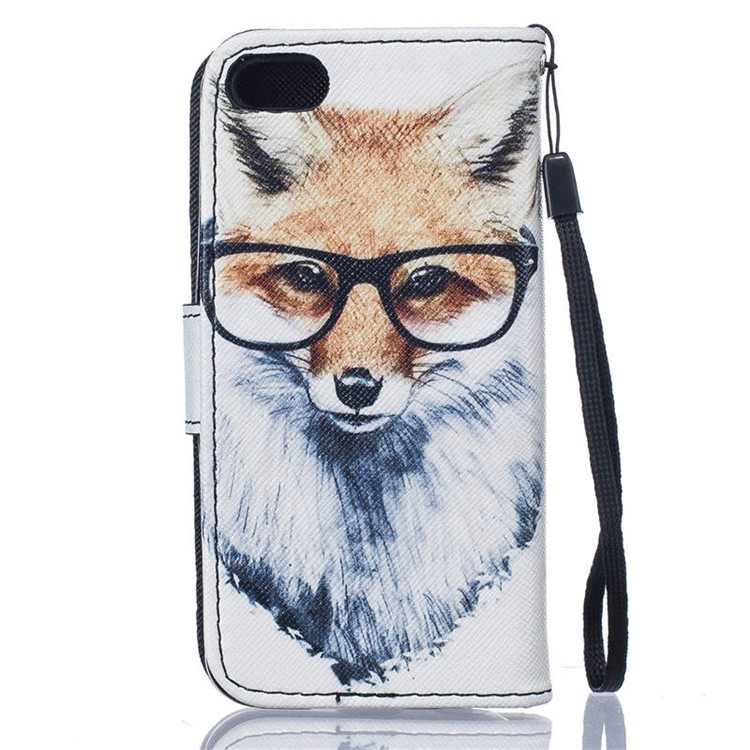 Pattern Printing Leather Wallet Stand Case with Wrist Strap for iPhone 5C - Fox Wearing Glasses-2