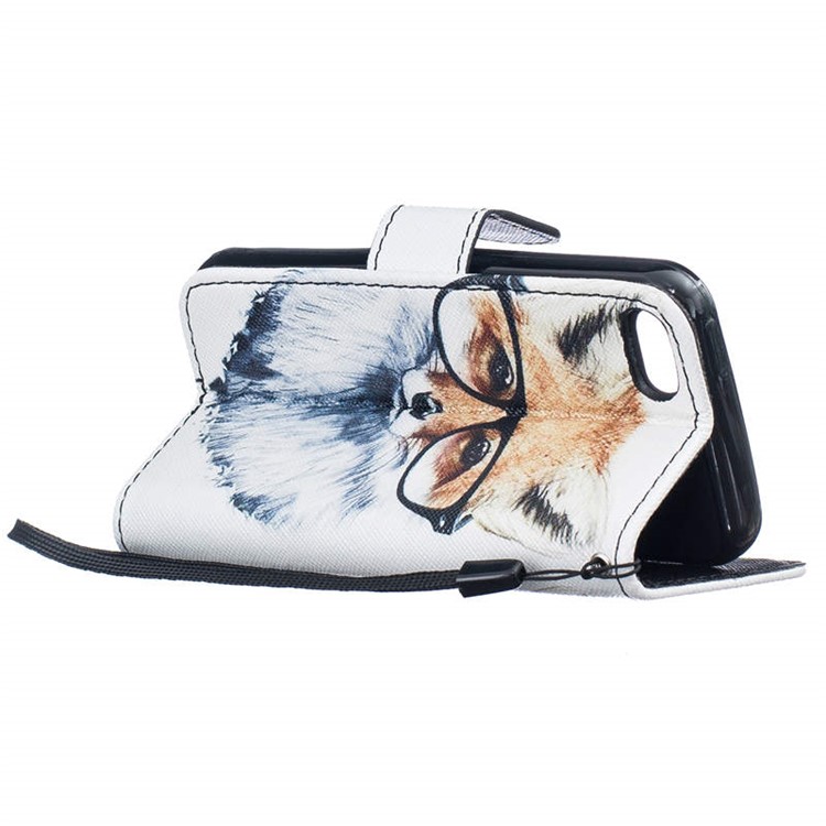 Pattern Printing Leather Wallet Stand Case with Wrist Strap for iPhone 5C - Fox Wearing Glasses-3