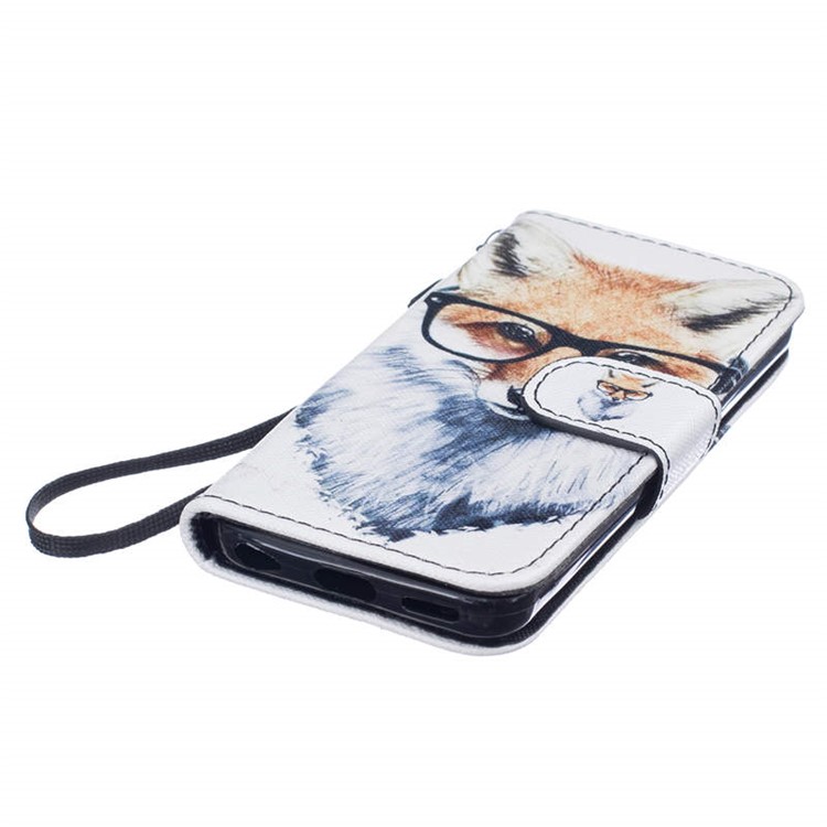 Pattern Printing Leather Wallet Stand Case with Wrist Strap for iPhone 5C - Fox Wearing Glasses-5