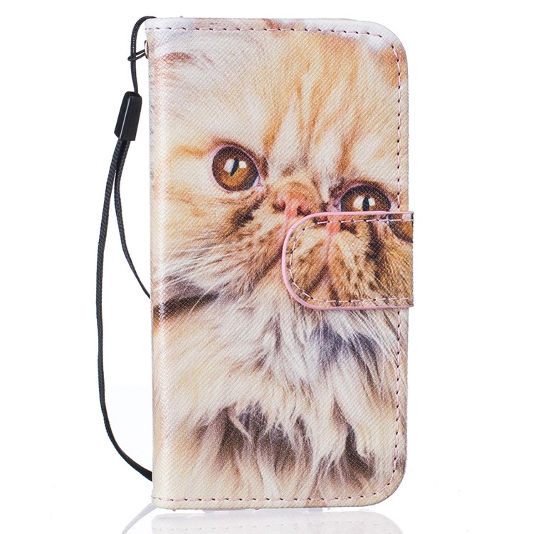 Patterned Leather Wallet Cell Phone Case with Hand Strap for iPhone Se/5S/5 - Lovely Cat-1