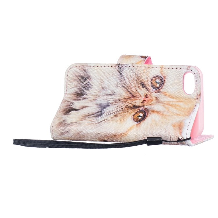 Patterned Leather Wallet Cell Phone Case with Hand Strap for iPhone Se/5S/5 - Lovely Cat-3