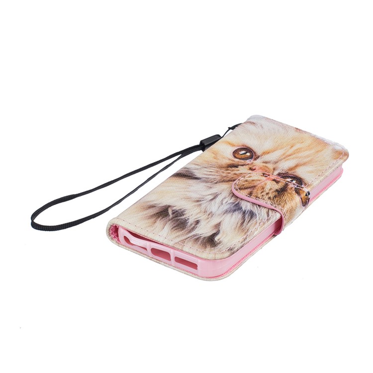 Patterned Leather Wallet Cell Phone Case with Hand Strap for iPhone Se/5S/5 - Lovely Cat-5