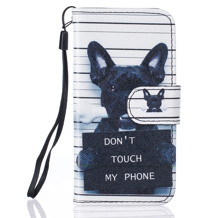

Patterned Leather Wallet Stand Cover with Lanyard for iPhone Se/5S/5 - Dog and Do Not Touch My Phone, iPhone SE