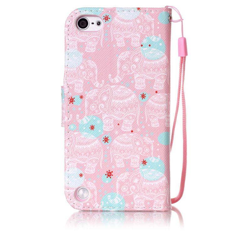Patterned Leather Wallet Stand Case for iPod Touch 6/5 with Lanyard - Elephant-2
