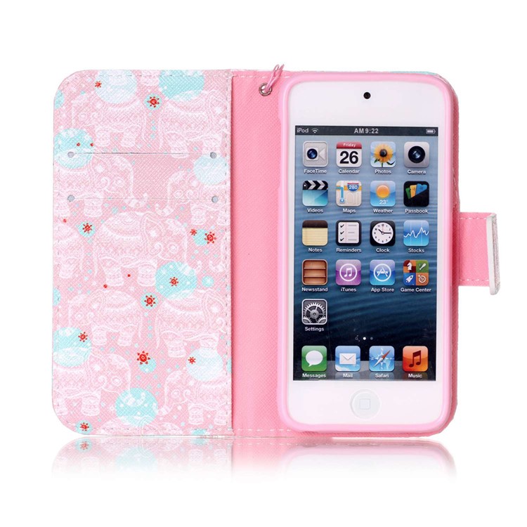 Patterned Leather Wallet Stand Case for iPod Touch 6/5 with Lanyard - Elephant-3