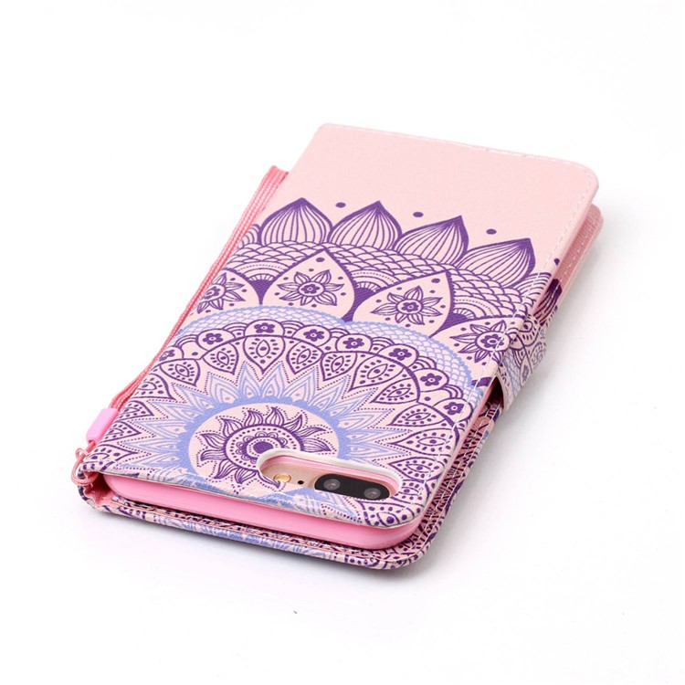 Patterned Wallet Leather Phone Cover with Wrist Strap for Apple iPhone 7 Plus (2016) - Mandala Pattern-6
