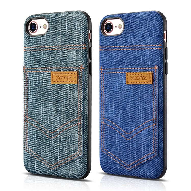 XOOMZ for iPhone 7 Jeans Cloth Leather Coated PC Silicone Hybrid Case - Light Blue-13