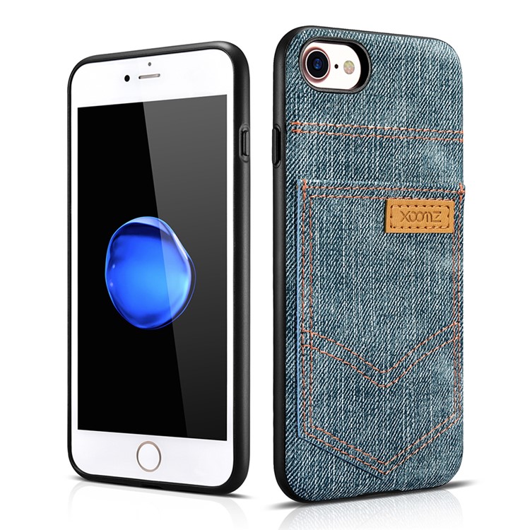 XOOMZ for iPhone 7 Jeans Cloth Leather Coated PC Silicone Hybrid Case - Light Blue-2