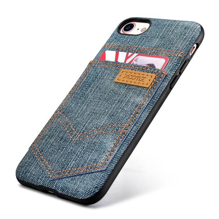 XOOMZ for iPhone 7 Jeans Cloth Leather Coated PC Silicone Hybrid Case - Light Blue-7