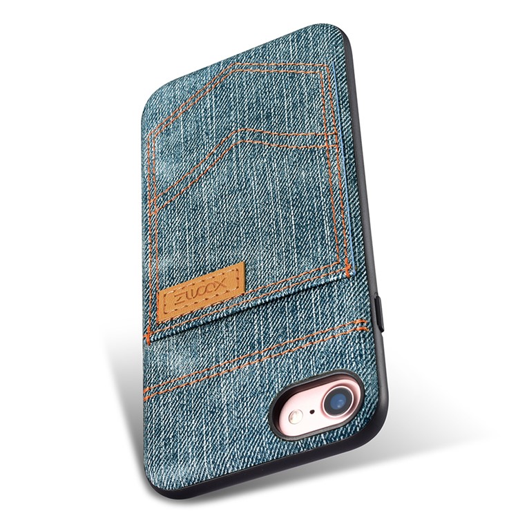 XOOMZ for iPhone 7 Jeans Cloth Leather Coated PC Silicone Hybrid Case - Light Blue-8