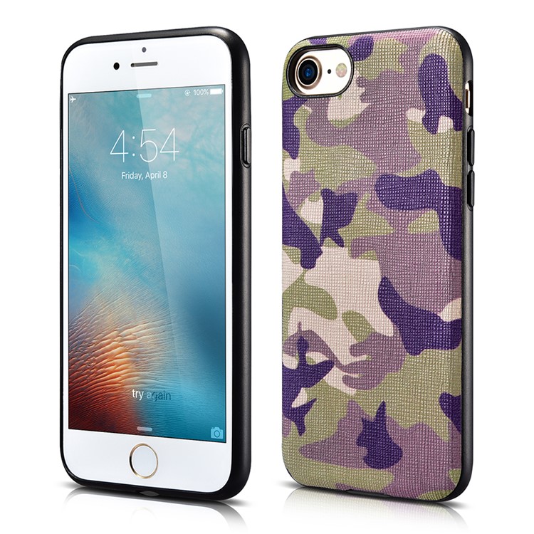 XOOMZ for iPhone 7 Camouflage Genuine Leather Skin Phone Case - Purple-1