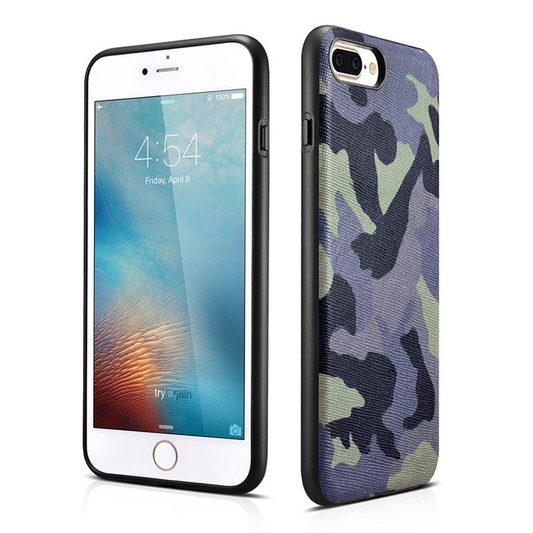 XOOMZ for iPhone 7 Plus Camouflage Genuine Leather Skin Silicone Phone Case - Dark Blue-1