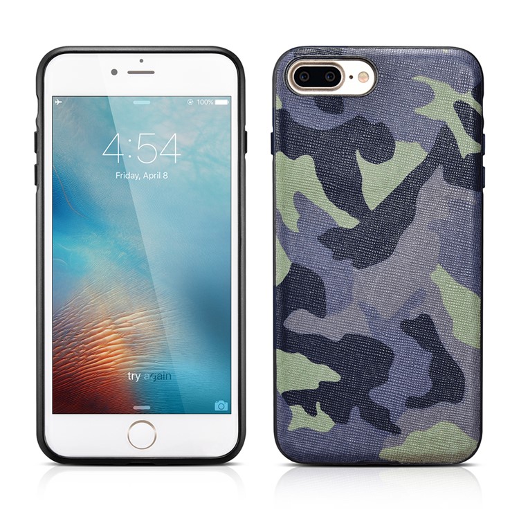XOOMZ for iPhone 7 Plus Camouflage Genuine Leather Skin Silicone Phone Case - Dark Blue-13