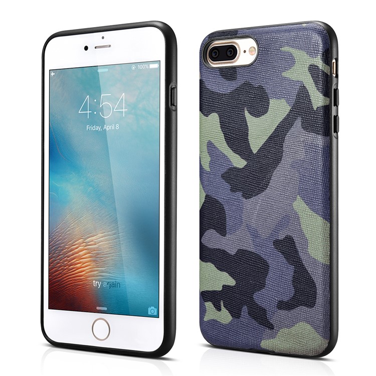XOOMZ for iPhone 7 Plus Camouflage Genuine Leather Skin Silicone Phone Case - Dark Blue-14