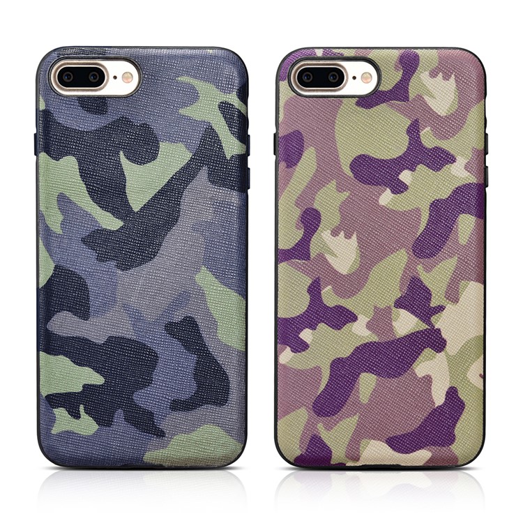 XOOMZ for iPhone 7 Plus Camouflage Genuine Leather Skin Silicone Phone Case - Dark Blue-15