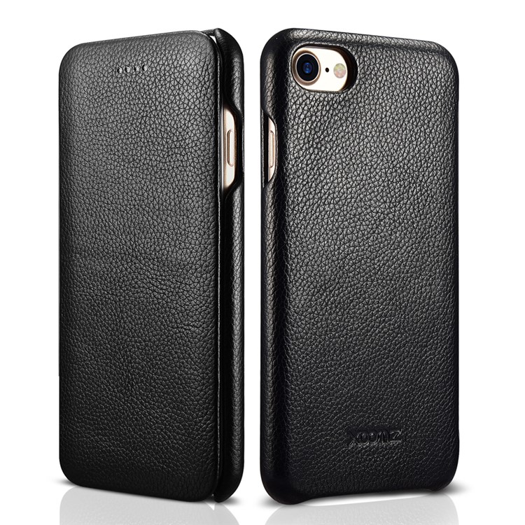 XOOMZ Curved Edge Litchi Grain Genuine Leather Flip Case for iPhone 7 4.7 Inch - Black-1