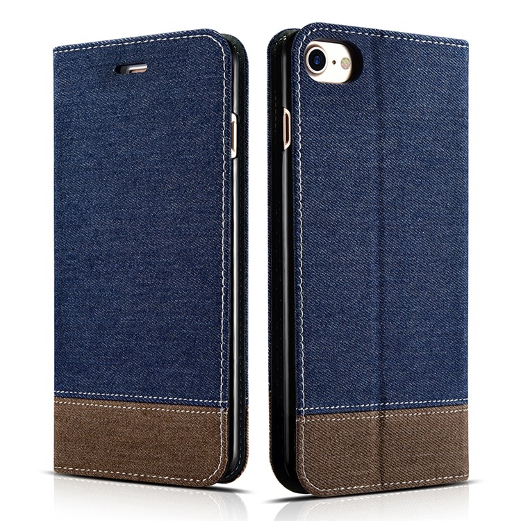 XOOMZ for iPhone 7 Jeans Cloth Leather Card Holder Phone Case Contrast Color Design - Dark Blue-1
