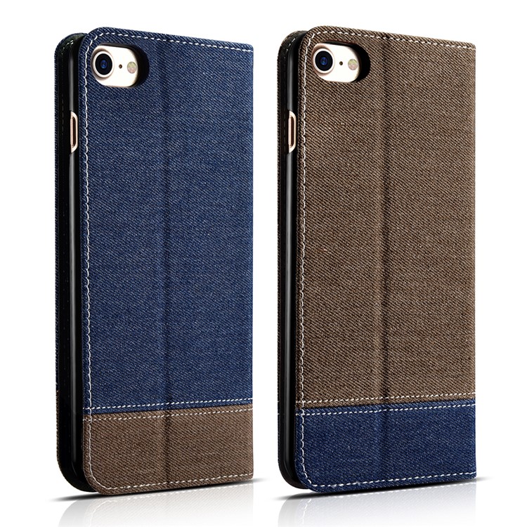 XOOMZ for iPhone 7 Jeans Cloth Leather Card Holder Phone Case Contrast Color Design - Dark Blue-13