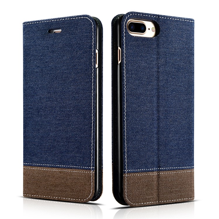 XOOMZ for iPhone 7 Plus Bi-color Jeans Cloth Leather Stand Mobile Case - Dark Blue-1