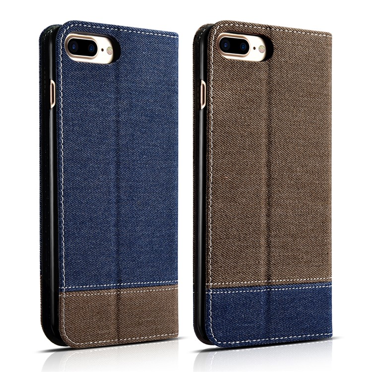 XOOMZ for iPhone 7 Plus Bi-color Jeans Cloth Leather Stand Mobile Case - Dark Blue-13