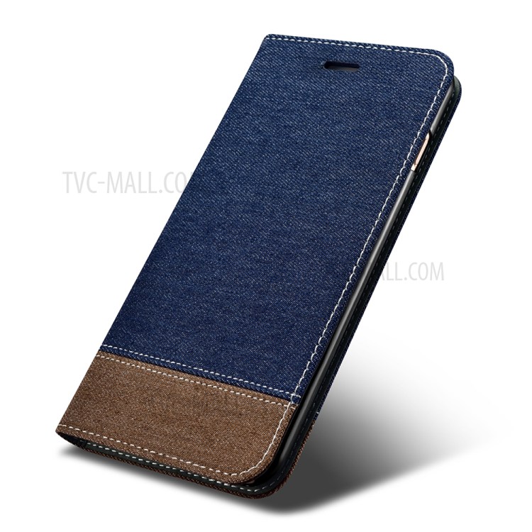 XOOMZ for iPhone 7 Plus Bi-color Jeans Cloth Leather Stand Mobile Case - Dark Blue-3