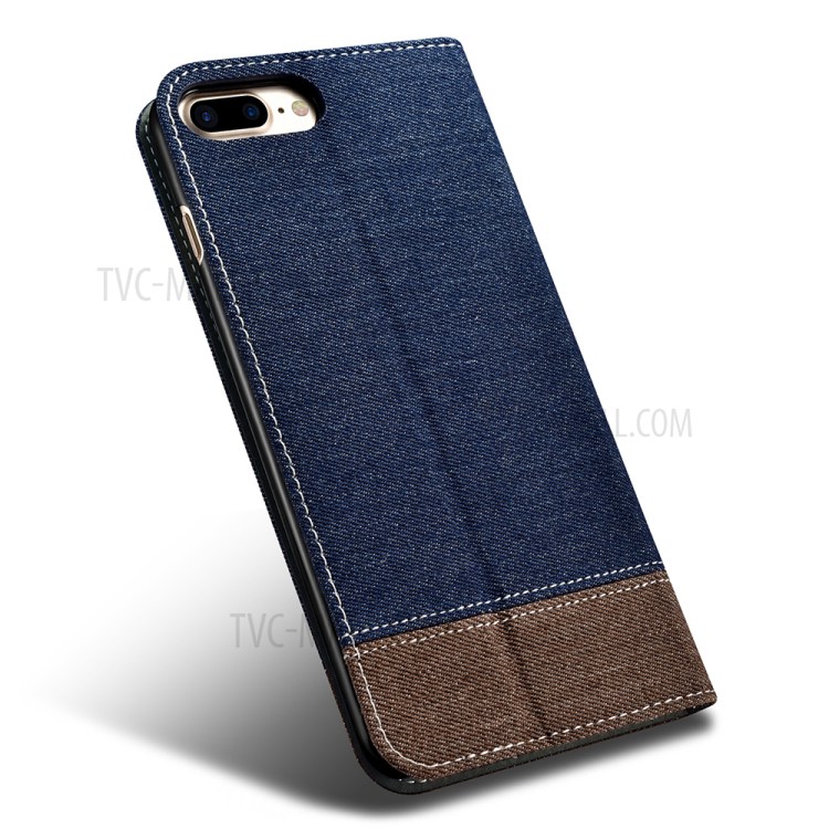 XOOMZ for iPhone 7 Plus Bi-color Jeans Cloth Leather Stand Mobile Case - Dark Blue-4