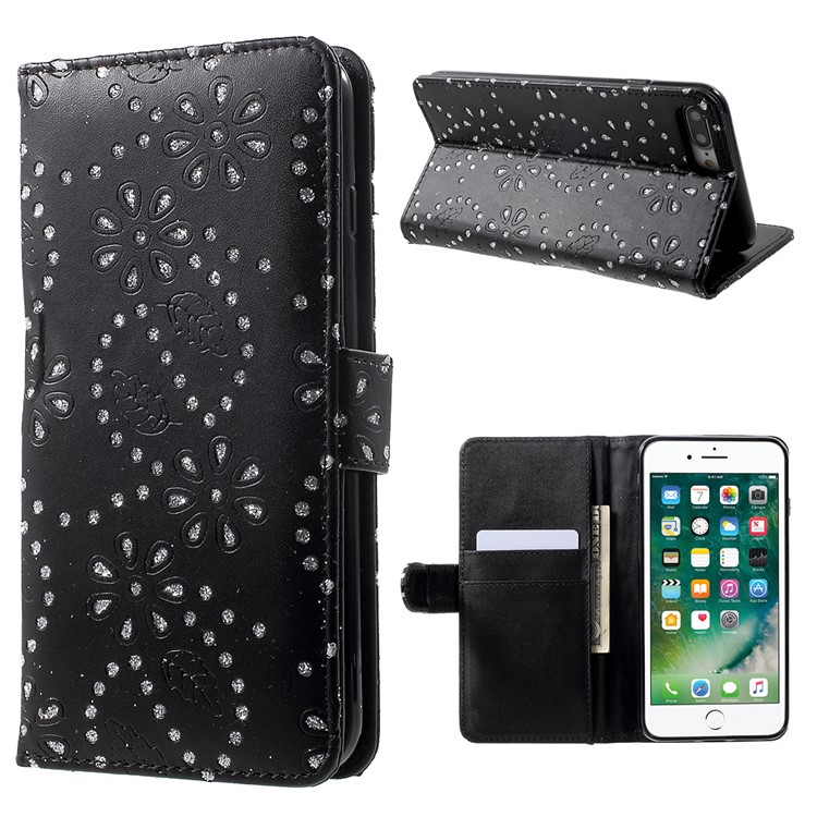 For iPhone 7 Plus Flower Leaf Glitter Powder Leather Case Card Holder - Black-1