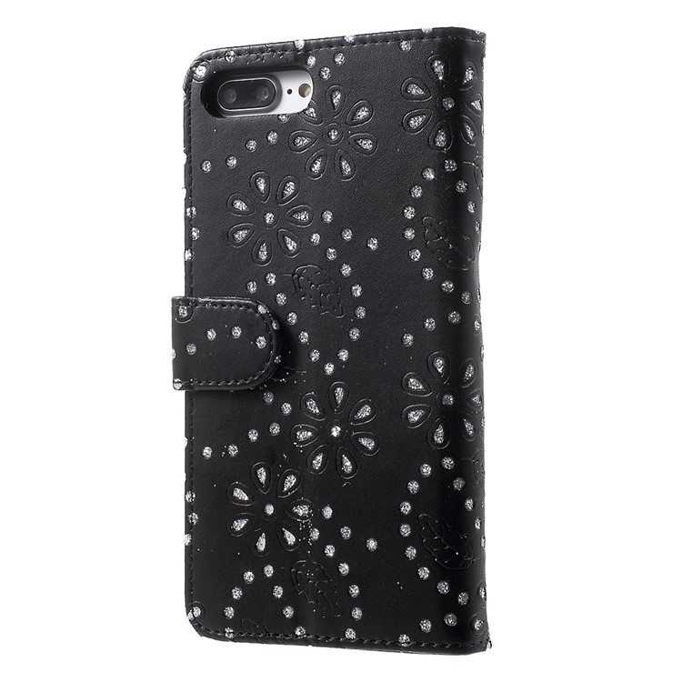 For iPhone 7 Plus Flower Leaf Glitter Powder Leather Case Card Holder - Black-2